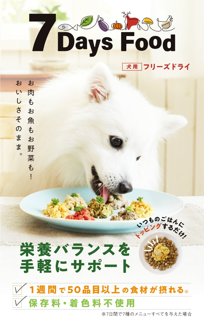 お肉もお魚もお野菜も！おいしさそのまま。7Days Food 犬用フリーズドライフードを食べるワンちゃんの画像
